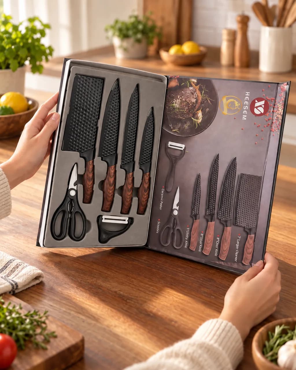 Mãos abrindo a caixa preta do kit Terrus Black em uma cozinha elegante